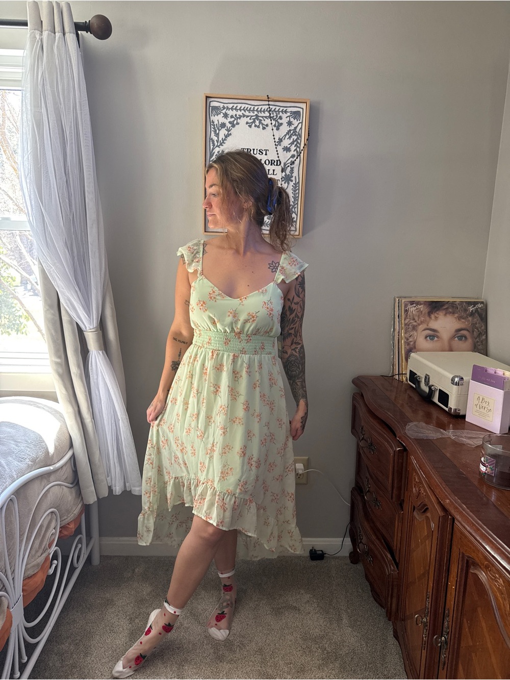 No Boundaries Mint Floral Midi Dress with Ruffle Hem